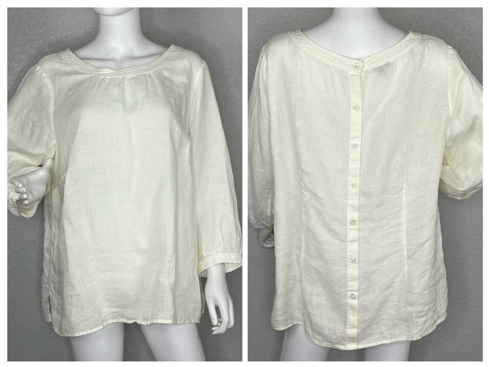 NWOT Talbots Tunic Top 100% Linen Button Up Back 3/4 Sleeves Ivory Size 1X